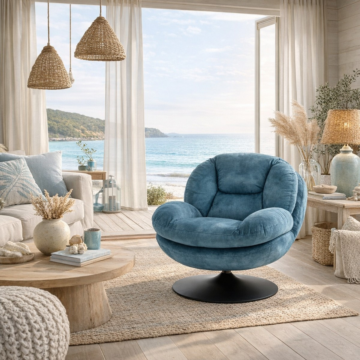 Sillón giratorio de terciopelo azul - TOPI