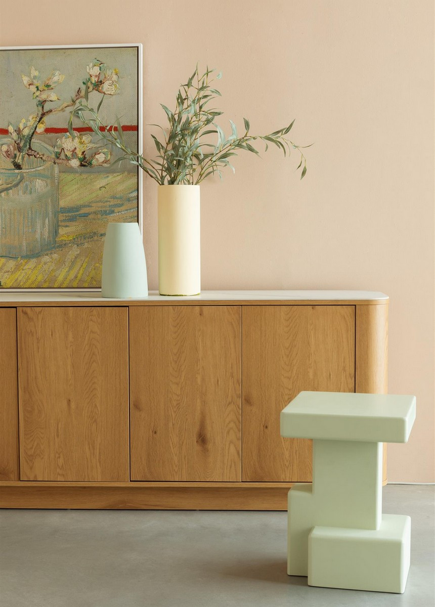 Light wood sideboard with marble-look top