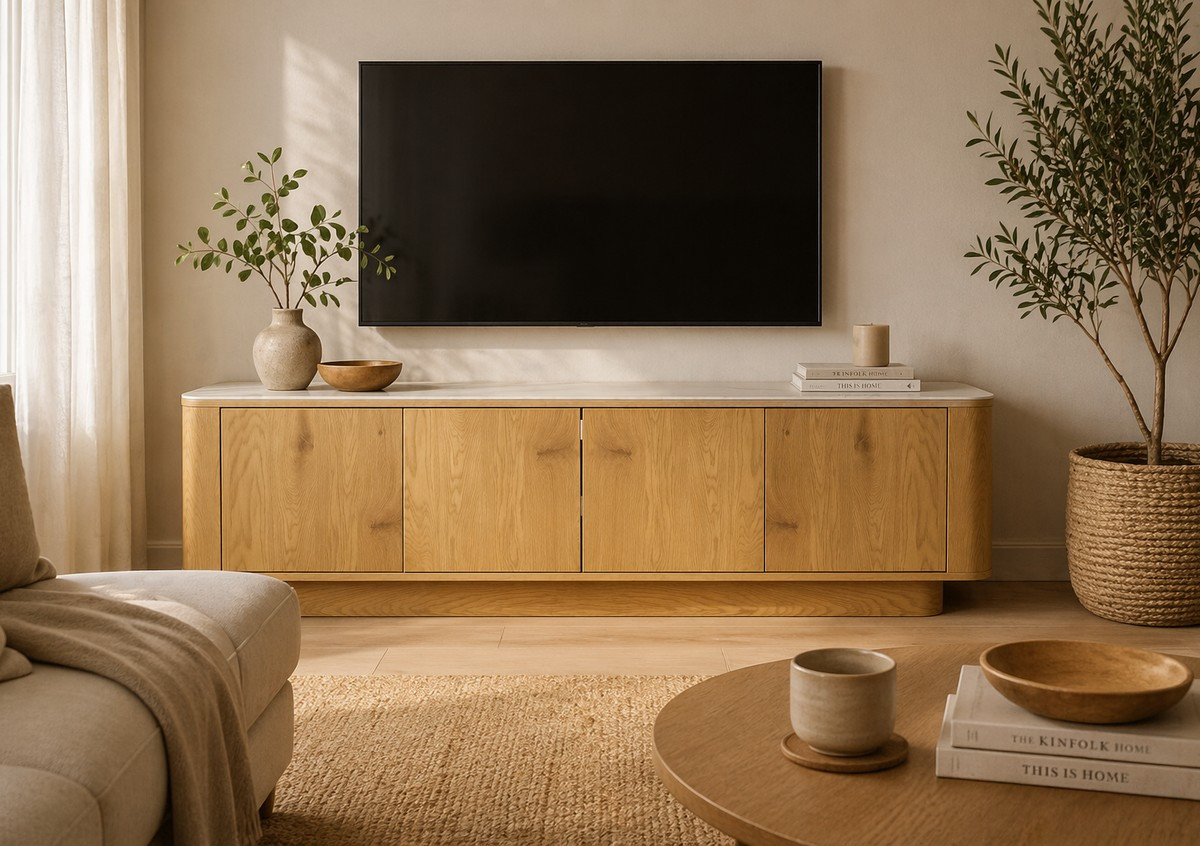 Light wood sideboard with marble-look top