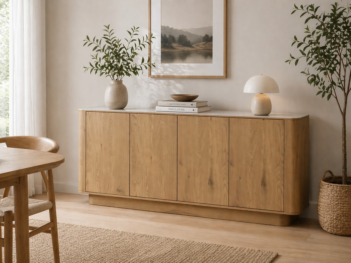 Light wood sideboard with marble-look top
