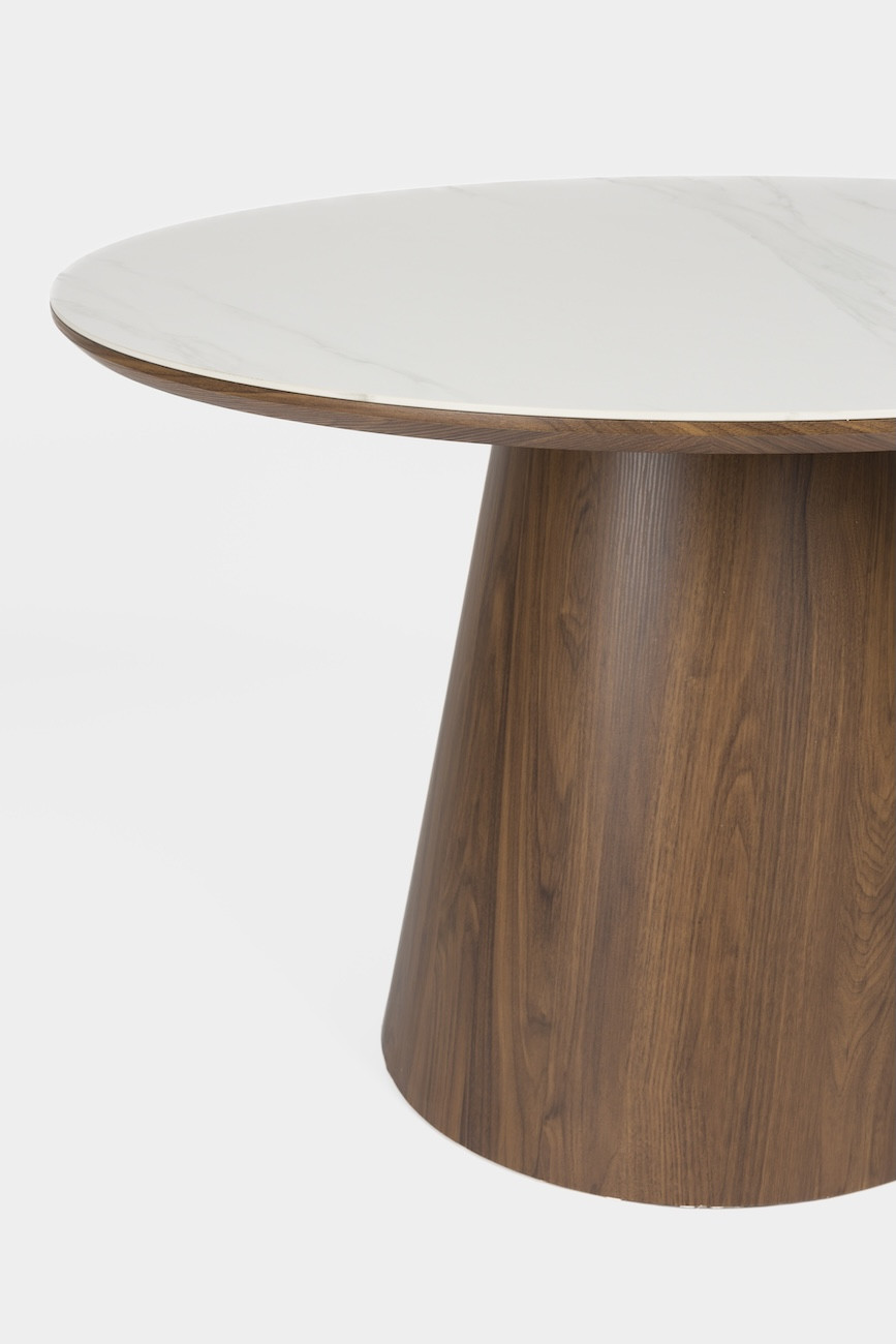 ALMIRA 115 cm Round Table in White Marble-Effect and Walnut