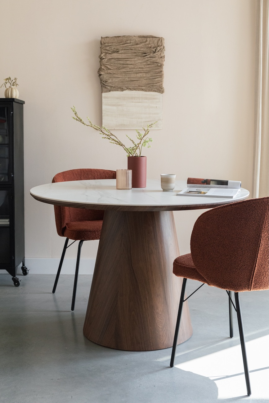 ALMIRA 115 cm Round Table in White Marble-Effect and Walnut