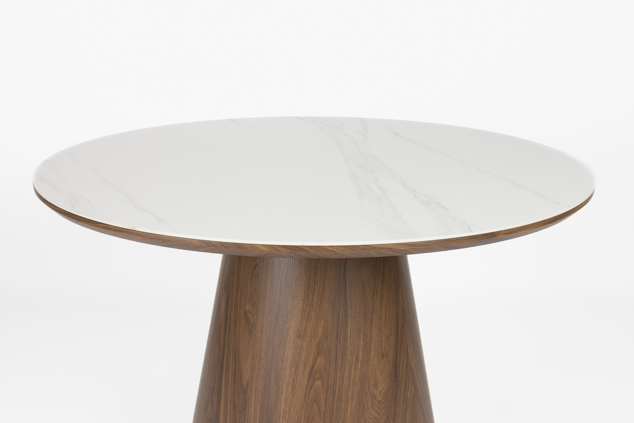 ALMIRA 115 cm Round Table in White Marble-Effect and Walnut