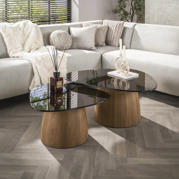 TANIA Smoked Glass Coffee Tables with an Oak Finish – Set of 2