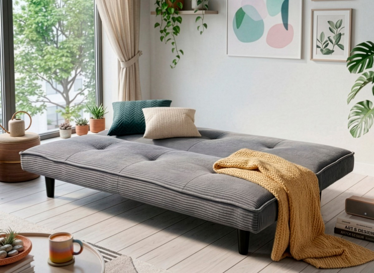 Clipper Gray Corduroy Convertible Sofa, 180 cm
