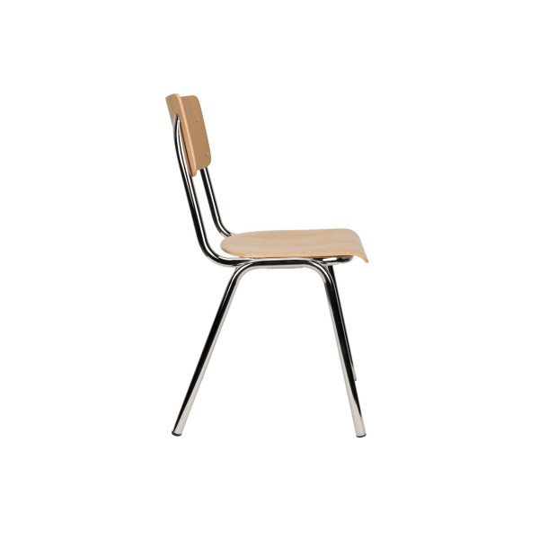 Chaise de salle à manger Back to School en chêne et pieds chromés, vue de profil